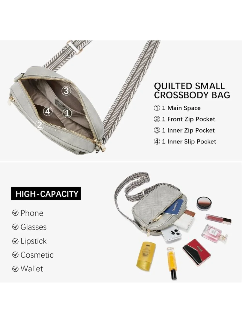 Women's Grey Leather Crossbody Purses Shoulder Handbags with Wide Strap